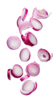 Sliced red onions gracefully suspended in mid-air against a light background png