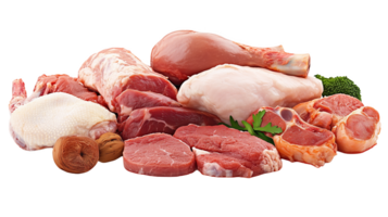 A colorful assortment of fresh chicken and assorted meat pieces on a clean surface png