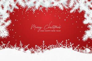 Christmas Banner Background With White Snowflake And Christmas Tree Branch Border In Red Background. vector