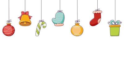Christmas background with free space for text. Doodle Christmas tree decorations, toys and trinkets. vector