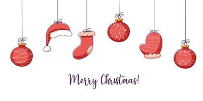 Christmas banner or background with space for text and Christmas tree doodle toys, trinkets decorations vector