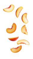 Dynamic choreography of sliced peaches soaring through the air in a whimsical display png