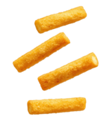 Cheesy delight in mid-air as golden sticks defy gravity in a playful display png