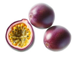 Bright passion fruit cut open, showcasing juicy seeds and pulp png