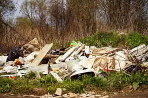 Household garbage in nature. Human pollution of the environment. People illegally throw garbage into forest. Illegal garbage dump in nature. Dirty environment garbage polluting photo