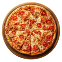 Aerial view of a giant pizza topped with fresh tomatoes and melted cheese png