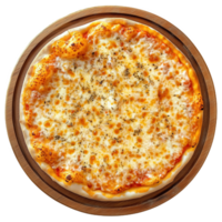 Delicious round cheese pizza served on a wooden board ready to be enjoyed at dinner png