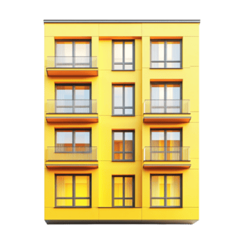 uma amarelo construção com janelas e varandas png