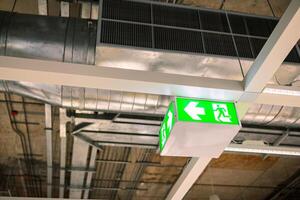 Selective fire exit sign on ceiling. Green fire escape sign hang on the ceiling. Green emergency exit sign showing the way to escape.Fire exit in the building. photo
