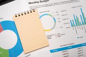 Blank note on desk with monthly budget graph. Financial data analyzing. Working on desk with using calculator, finance accounting. Copy space. photo