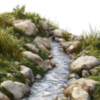 A stream runs through a grassy field with rocks and grass png
