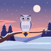 Owl Perched on a Tree Branch in the Snowy Twilight vector