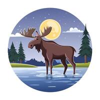 Moose Standing Quietly in a Moonlit River vector