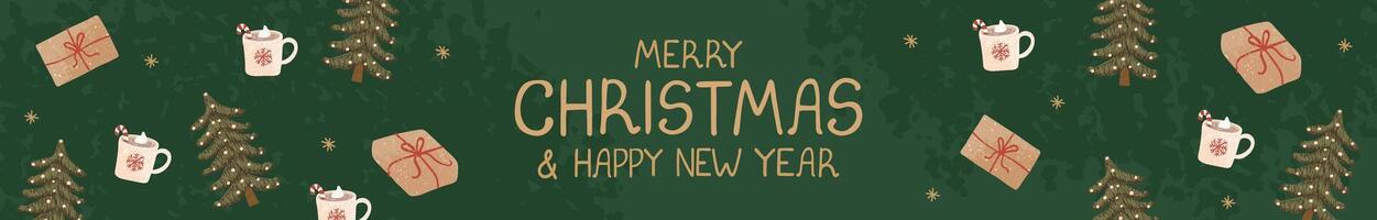 banner with hand drawn doodle illustrations of christmas objects as gifts box, christmas tree. Horizontal Christmas header for website template vector