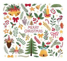 modern colorful set with hand drawn doodle illustrations of christmas objects and lettering. Use it as elements for design greeting cards , poster, card, packaging paper design vector