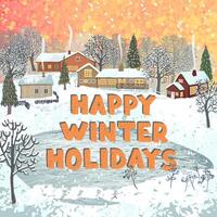 Greeting Card with Colorful Illustration of Nature Winter Landscape on the Sunset with a house in the Scandinavian style. Use it as poster, postcard, brochure, card, banner, graphic design vector