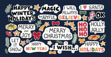 modern colorful set with hand drawn doodle illustrations of christmas objects and lettering, stickers. Use it as elements for design greeting cards , poster, card, packaging paper design vector
