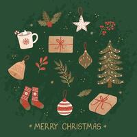 christmas greeting card with hand drawn doodle illustrations of christmas objects. Use it as invitation, greeting card, poster, banner, flyer, cover, placard, brochure and other graphic design vector
