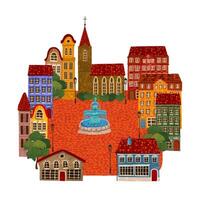 Colorful Textured Illustration of City Square with Fountain Isolated on White Background vector