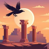 Crow Soaring Over Ancient Ruins vector