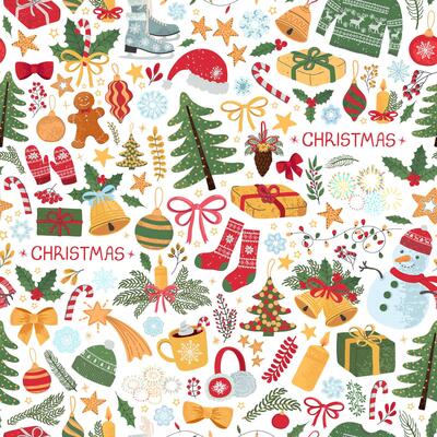 seamless pattern with colorful illustrations of Christmas items. Use it for textile print, pattern fills, web page, wrapping paper, design of presentation and other graphic design