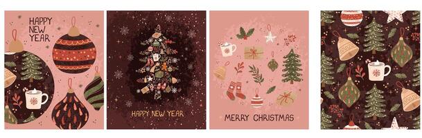 Merry Christmas colorful set with christmas greeting card with illustration of Christmas tree, Christmas ball toys and Seamless pattern. Use as invitation, poster, banner, other graphic design vector