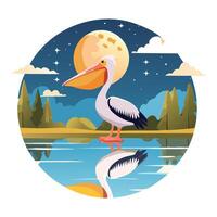 Pelican Standing by a Still Lake Reflecting the Full Moon vector