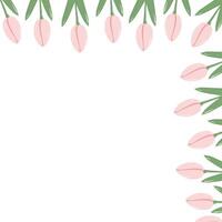 Soft pink Tulips Top Corner frame border Springtime or Womens Day greeting card design Template. Copy space. Isolated illustration Greeting cards, leaflet, label, motion, media or web promo vector