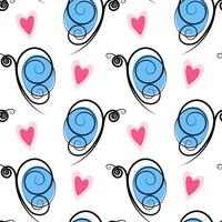 Stylized Butterflies with blue wings and decorative hearts in trendy soft pink Seamless pattern. Isolated illustration Wrapping or web promo backdrop, cards, leaflets, banner, greeting, label vector