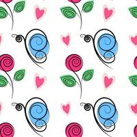 Stylized Butterflies, rose and decorative hearts Seamless Pattern. Springtime or summer background. Isolated illustration Wrapping or web promo backdrop, cards, leaflet, banner, greeting, label vector