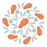 Brussels sprouts, arugula, salmon and different peppercorns Healthy eating Circle Background Texture. Isolated illustration Thematic card, poster, banner, leaflet, price tag, label or web promo vector