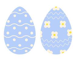 Easter Eggs in trendy soft blue Patterned Flowers, wavy lines and dots. Easter greeting element idea. Set 2 Isolated Illustration Sticker, Icon, or cards, poster, banner, price, label, booklet vector