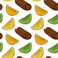 Lemon and lime slices, Cinnamon stick Citrus fruit Pop Art Seamless Pattern. Background texture idea. Isolated illustration Wrapping or web, posters, banners, brochures, cards, price tag, label vector