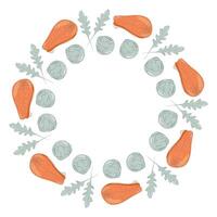 Salmon steak, arugula and Brussels sprout Round Frame border in trendy soft colors Healthy Food fond. Copy space. Isolated illustration Thematic card, banner, leaflet, price, label or web promo vector