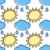 Outline Sun with rays and Cloud with drops filled not along contour Seamless pattern Seasonal fond. Isolated illustration Wrapping, wallpaper or web promo, thematic cards, banner, leaflet, tags vector
