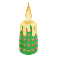 Candle with a green base, red polka dots, and a melting yellow top with a flame. png