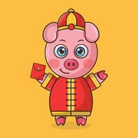 Pig in chinese costume holding a red envelope vector