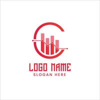 A red and white logo with a bar graph vector