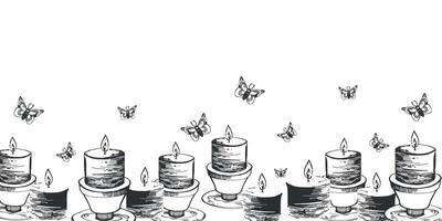Seamless border of candles and night moths. Halloween illustration. All objects are hand-drawn with ink and transferred to . Suitable for printing on fabric, paper, for cards and invitations vector