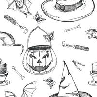 Halloween pattern, pumpkin basket, bat, rat, potions in bottles, fortune telling bones, witch hat. All objects are hand drawn with ink and transferred to . For printing on fabric, paper, design vector