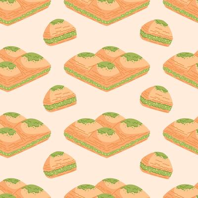 Traditional Turkish dessert, pistachio baklava made from puff pastry. seamless pattern illustration, oriental nut sweet.