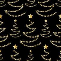 Seamless Pattern of Gold Beaded Christmas Trees with Stars on Black Background vector