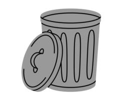 Hand drawn cute cartoon illustration of big garbage can with open lid. Flat trash bin, environmental pollution design in colored doodle style. Ecology sticker, icon. Rubbish disposal. Isolated. vector