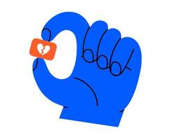Hand drawn cute cartoon illustration of hand with speech bubble with broken heart. Flat disagree message in arm doodle. Negative reaction. Social media icon. Dislike from follower. Isolated. vector