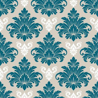 Blue-green damask pattern on beige background,floral traditional ornament with oriental elements for graphic design, interior design,fabric printing.