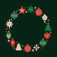 Merry Christmas and Happy New Year round frame with Christmas tree decorations of different shapes. Holiday circle wreath in red, green and beige colors on black background. Festive template vector
