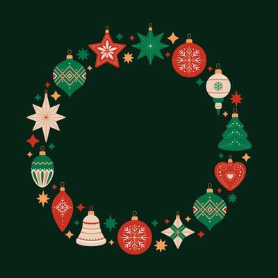 Merry Christmas and Happy New Year round frame with Christmas tree decorations of different shapes. Holiday circle wreath in red, green and beige colors on black background. Festive template