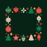 Merry Christmas and Happy New Year square frame with Christmas tree decorations of different shapes. Holiday quadratic template in red, green and beige colors on black background. Festive design vector