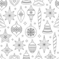 Seamless pattern with Christmas tree decorations of different shapes. Outline vintage holiday ornaments on white background. Contour xmas toys vector