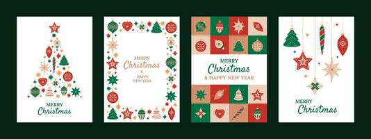 Merry Christmas and Happy New Year vertical greeting cards set with Christmas tree decorations of different shapes. Holiday banner templates on white background vector